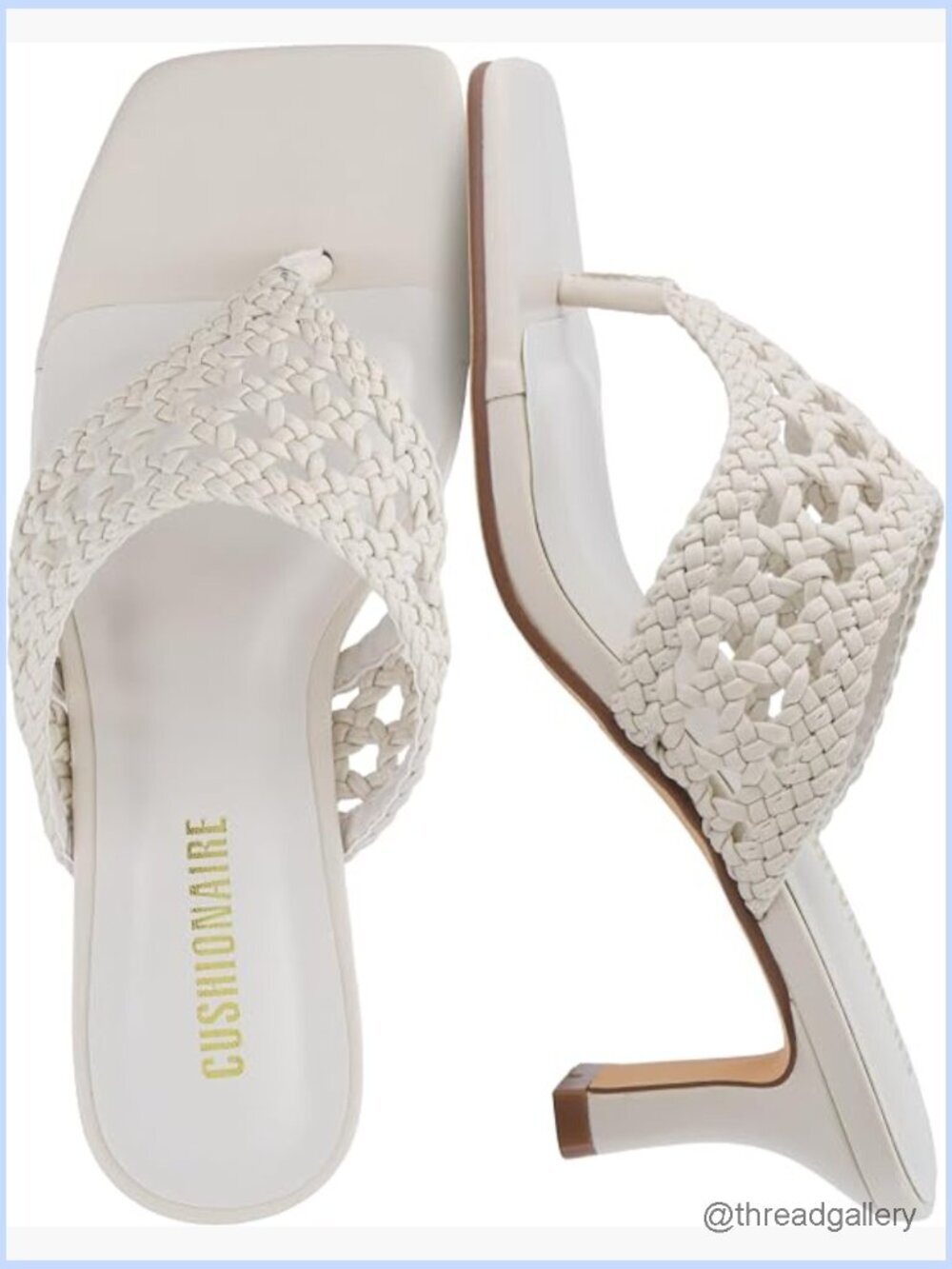 Woven Braided Square Toe Thong Heeled Sandals with Flared Kitten Heel Slip On